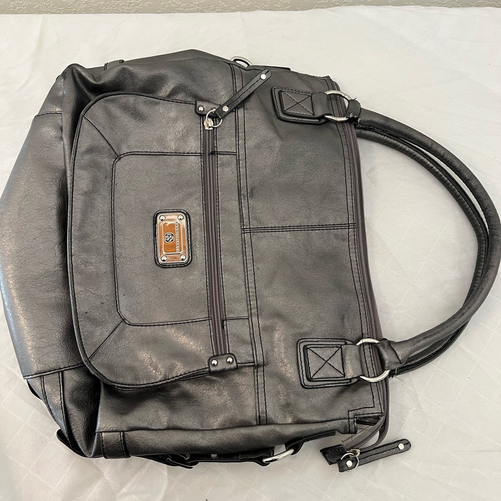Franco Sarto Pewter 100% Genuine Leather Shoulder Bag/Handbag 16” X 14” Large‎